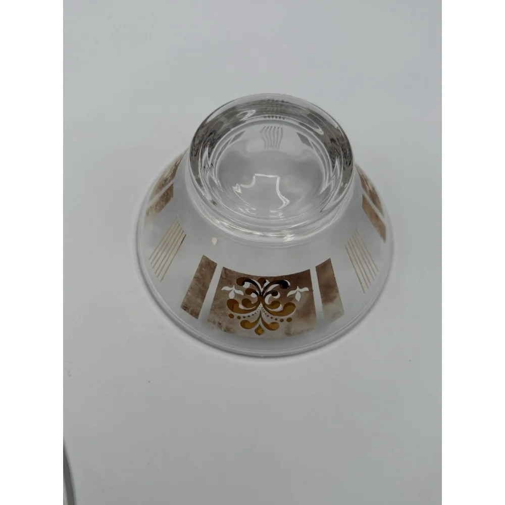 Vintage Anchor Hocking Chip Dip Bowl Set Fleur De Lis Gold White MCM 1960s Glass